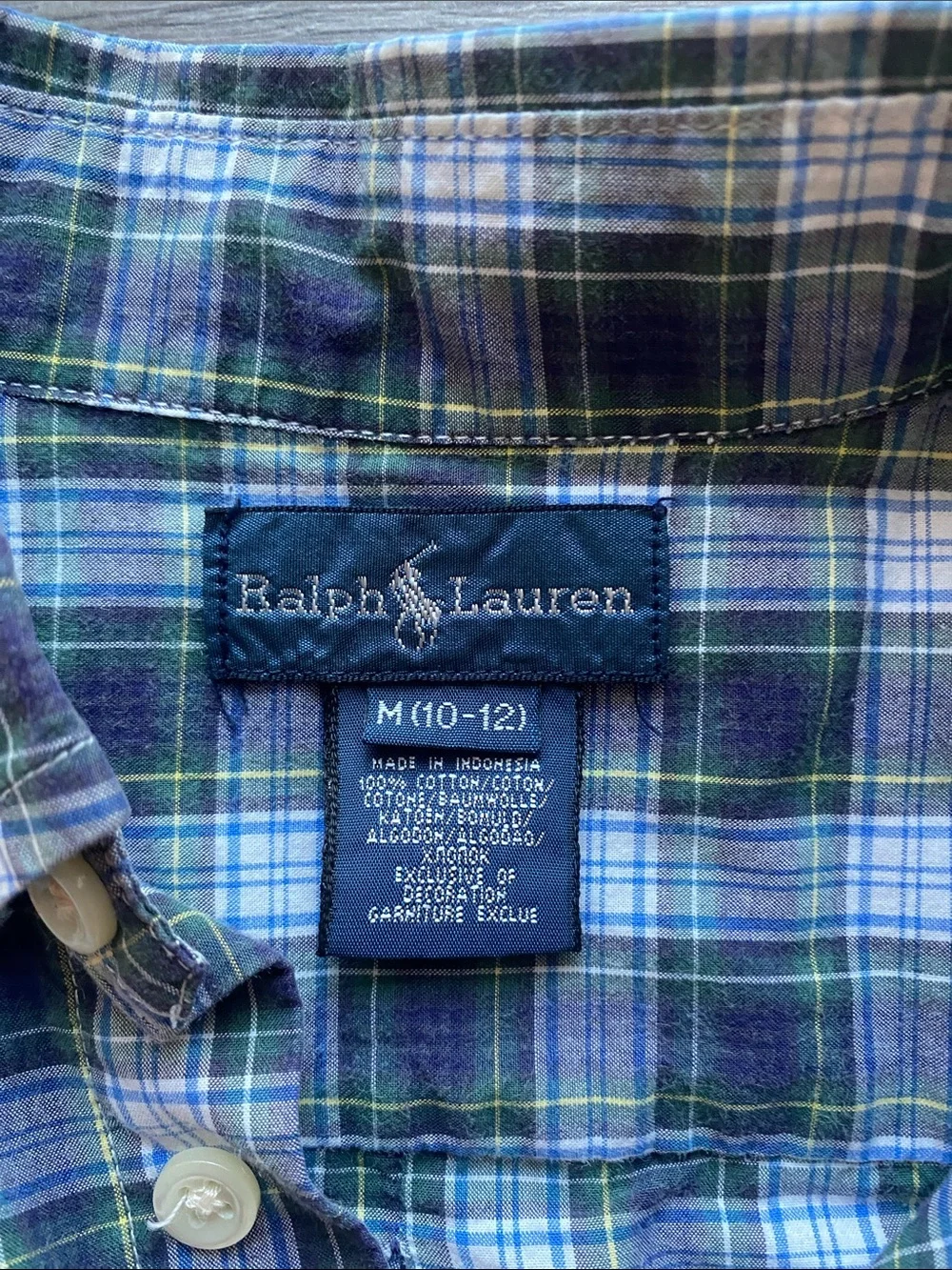 Ralph Lauren Plaid Button Down Shirt in Navy and Green Boys Sz Medium 10-12